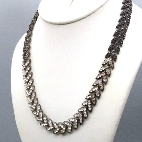 Vintage Iced Out Chevron Chain Necklace, Heavy Repeating Arrow Choker in Silver - Picture 1 of 3
